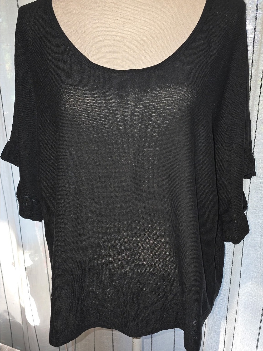 Max Studio Black Sheer Scoop-Neck Tunic with Rolled Short Sleeves